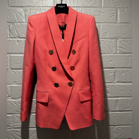 New Balmain Double-Breasted Wool Salmon Pink Blazer Size 34 - Picture 7 of 16
